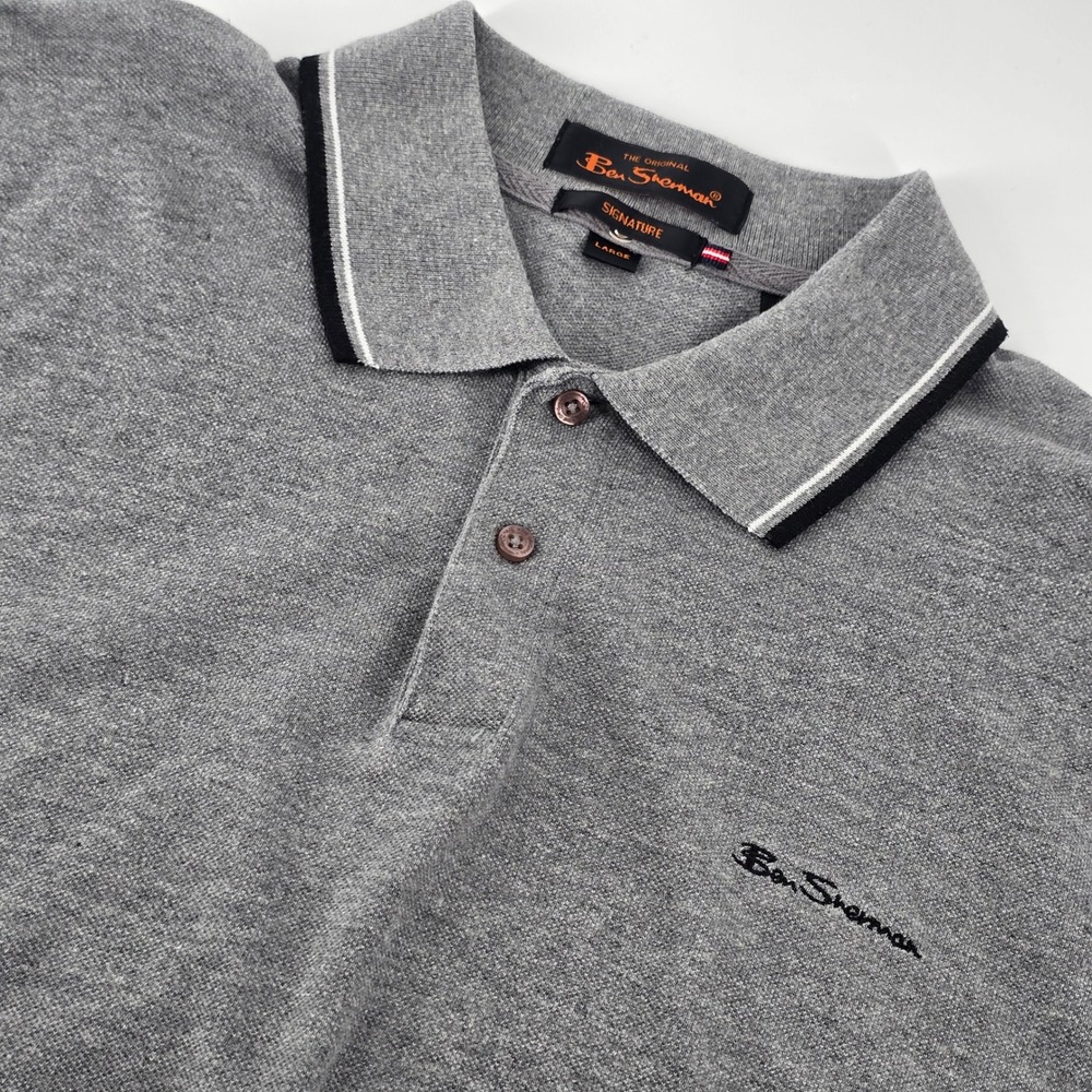 Ben Sherman Polo Shirt Men Large Grey Signature Tipped Cotton Pique Short Sleeve